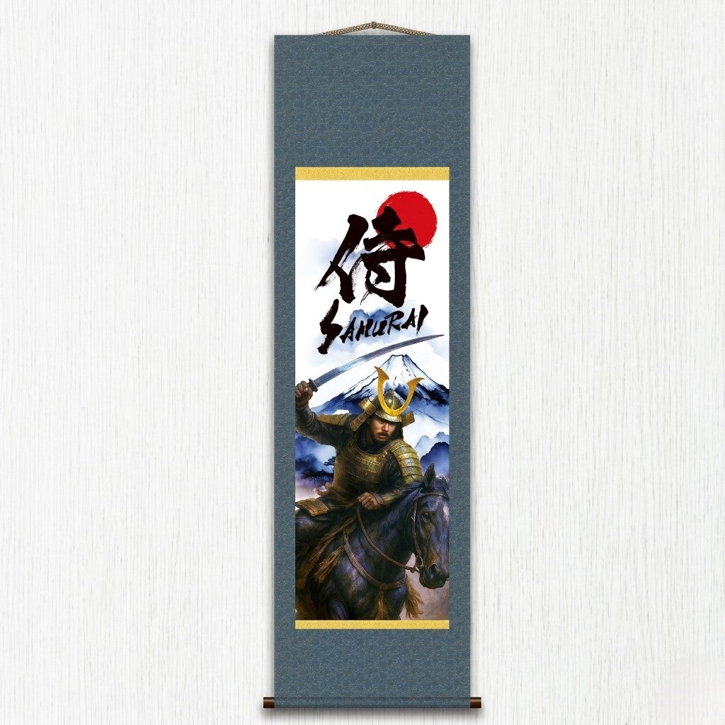Japanisches Samurai Kakemono Wandbild – Samurai mit Schwert und Mount Fuji montiert