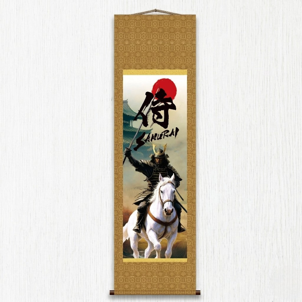 Japanisches Samurai Kakemono Wandbild – Gerüsteter Samurai mit Schwert auf weißem Pferd