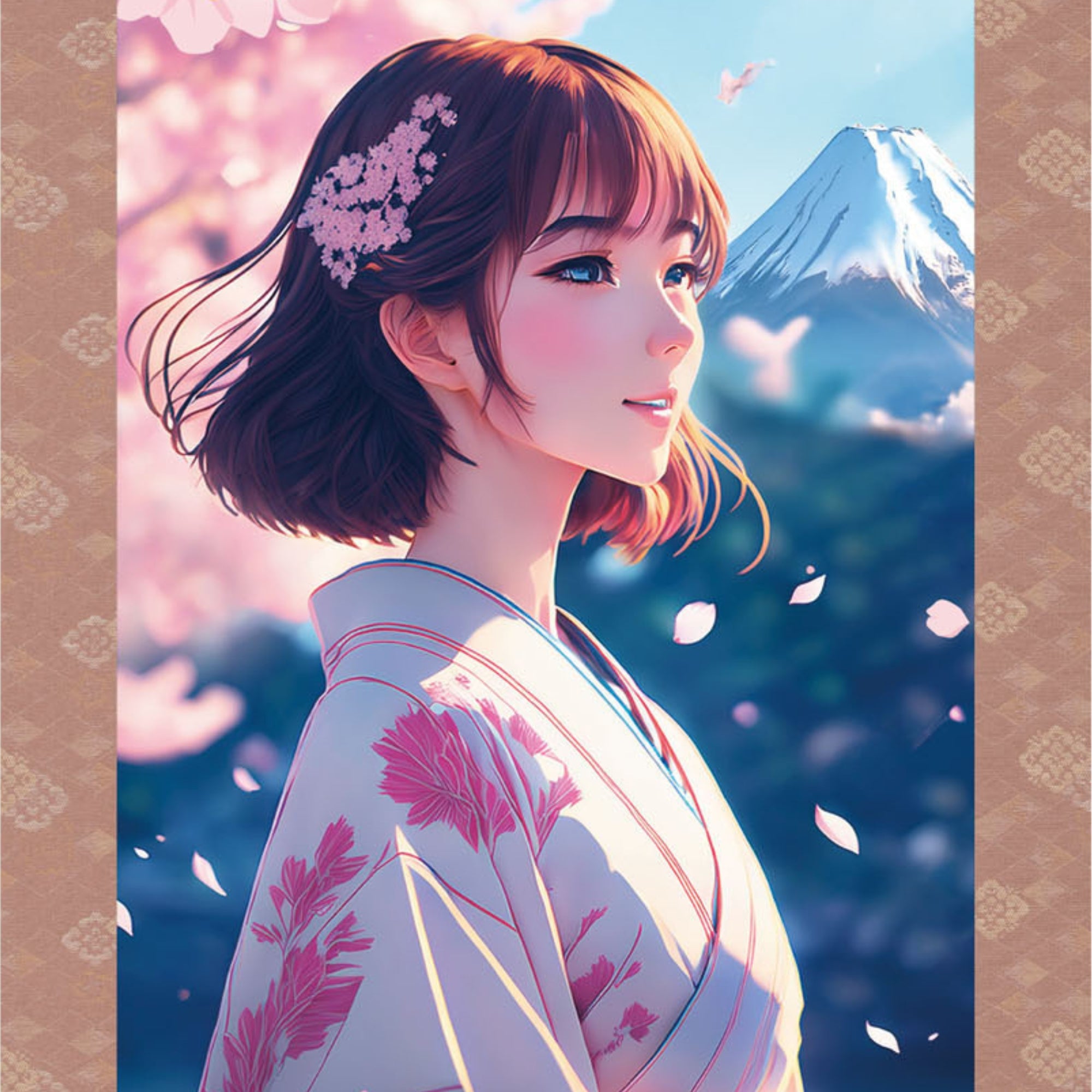 Papier peint mural Sakura Kakemono d'anime japonais – Femme en kimono avec le Mont Fuji 